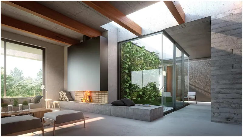 Patio interior con vegetación tropical, estufa y vigas de madera bajo un lucernario